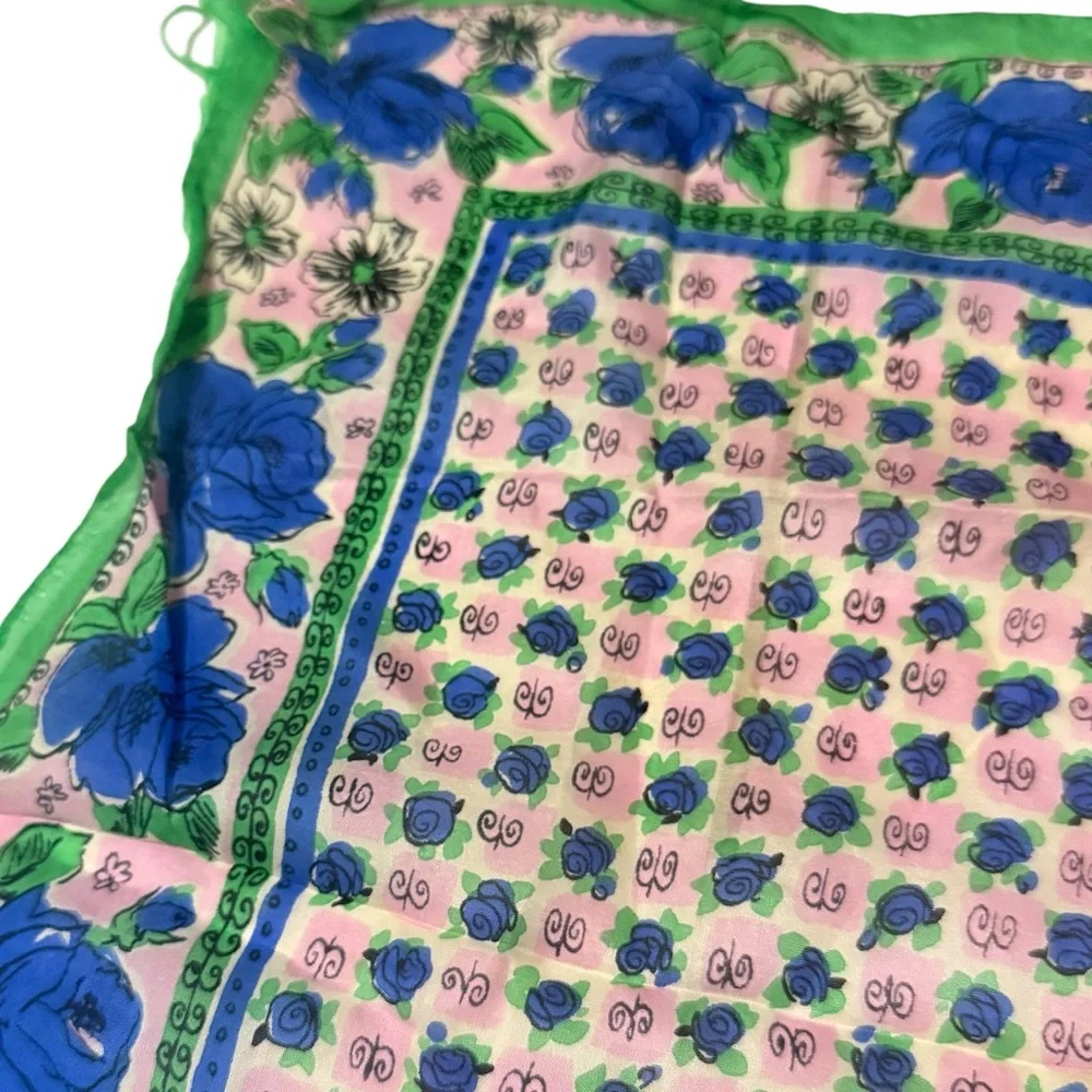 Vintage 1940’s/1950’s Hand Rolled Silk Floral Blue and Green Scarf w/Rhinestones